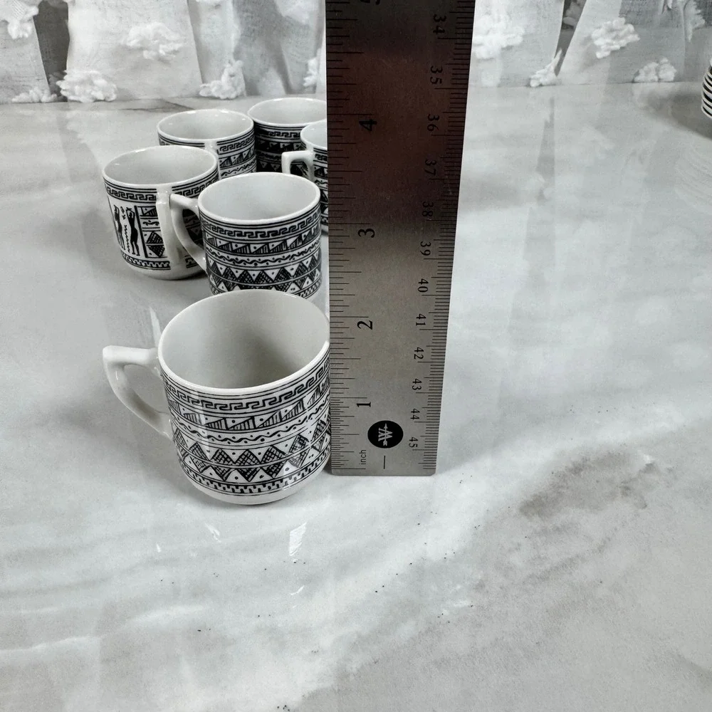 Vintage Greek Black and White Demitasse Cups and Saucers Set Greek Key Parthenon